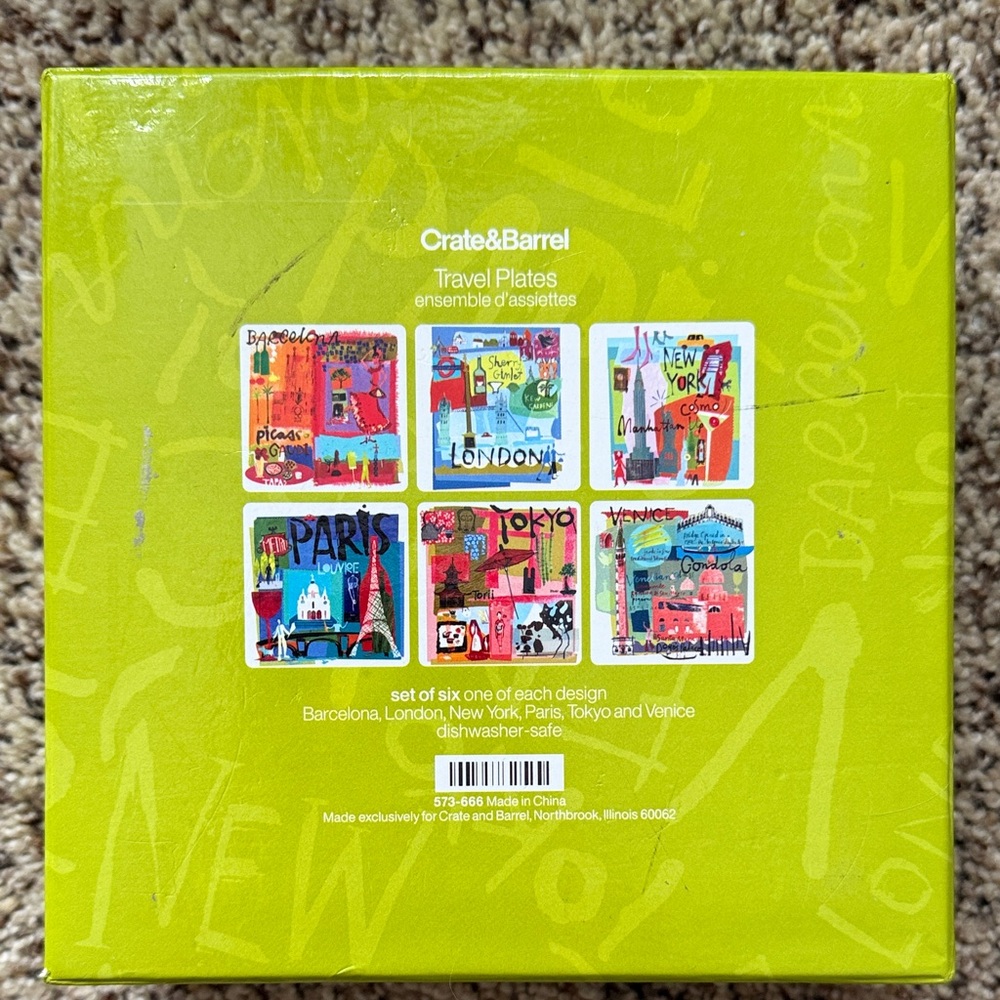 Crate&Barrel Travel Plates Set City Scenes Square Appetizer Plates Set of 6 - Picture 7 of 11